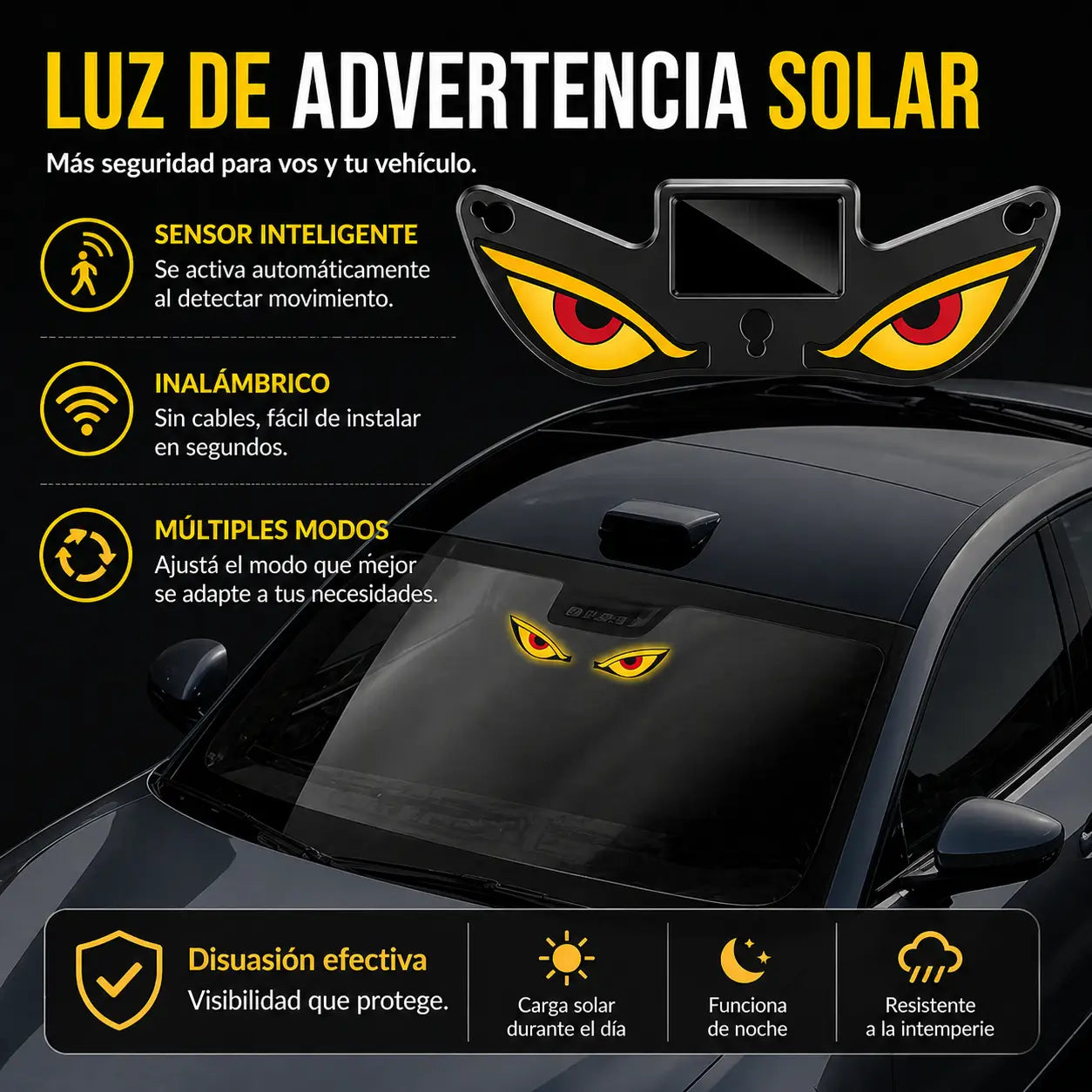 Luz LED Ojos Demoníacos Solar para Vidrio de Auto con Control