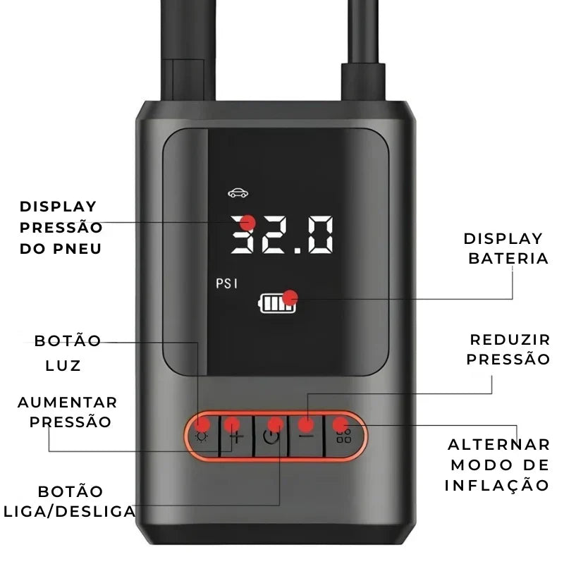 Bomba de Aire Eléctrica Portátil Digital Inalámbrica 150 PSI con Batería Recargable para Auto, Moto y Bicicleta