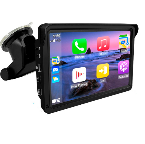 Soporte multimedia portatil Tork Forge con Apple CarPlay y Android Auto instalado en tablero de auto