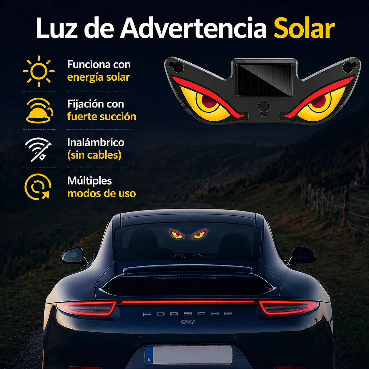 Luz LED Ojos Demoníacos Solar para Vidrio de Auto con Control