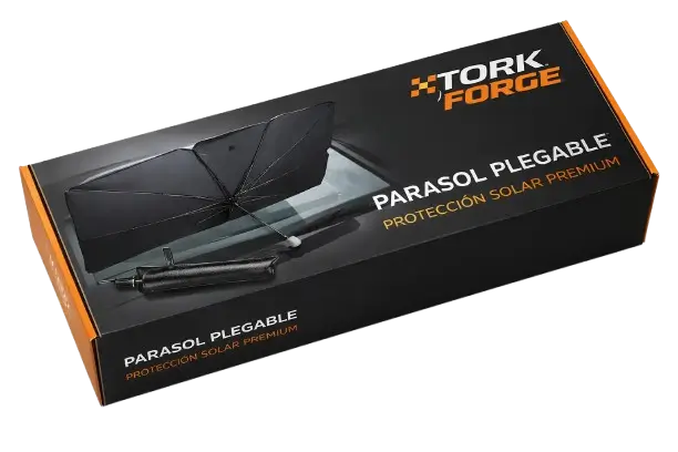 Parasol plegable tipo paraguas para parabrisas TorqueForge bloqueando el sol en el interior de un automóvil