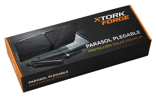 Parasol plegable tipo paraguas para parabrisas TorqueForge bloqueando el sol en el interior de un automóvil